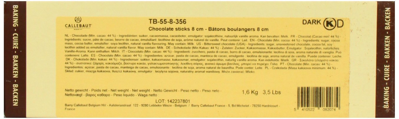 Callebaut 44% Dark Chocolate Sticks (8 cm) 56.5 oz - Papagino Foods Inc.
