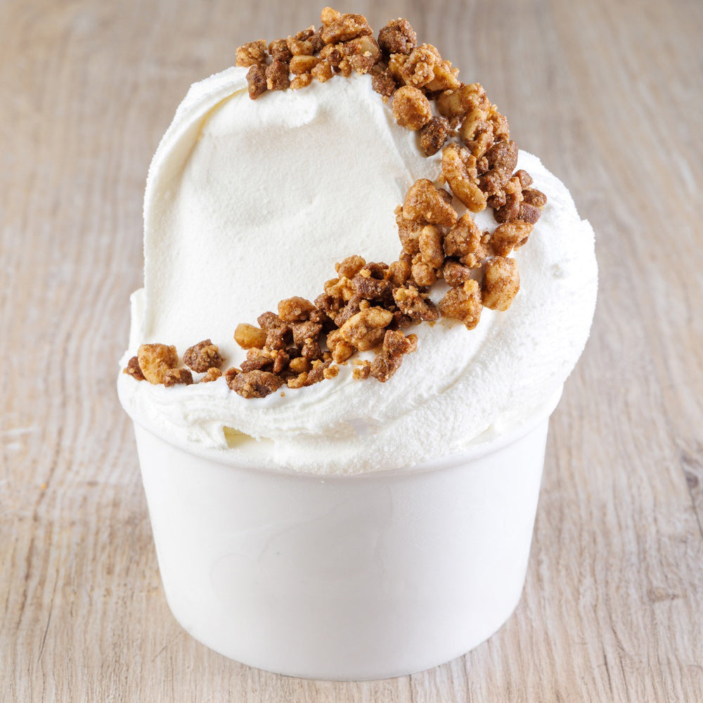 PreGel CrumbOlé Coffee GF crumb topping in a jar, gluten-free, by Papagino Foods Inc., with coffee-flavored crumbs visible.