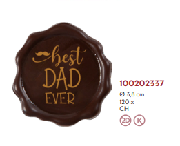 Chocolate decoration stamp with "Best Dad Ever" text, 3.8 cm, by Papagino Foods Inc., shown on a chocolate surface.
