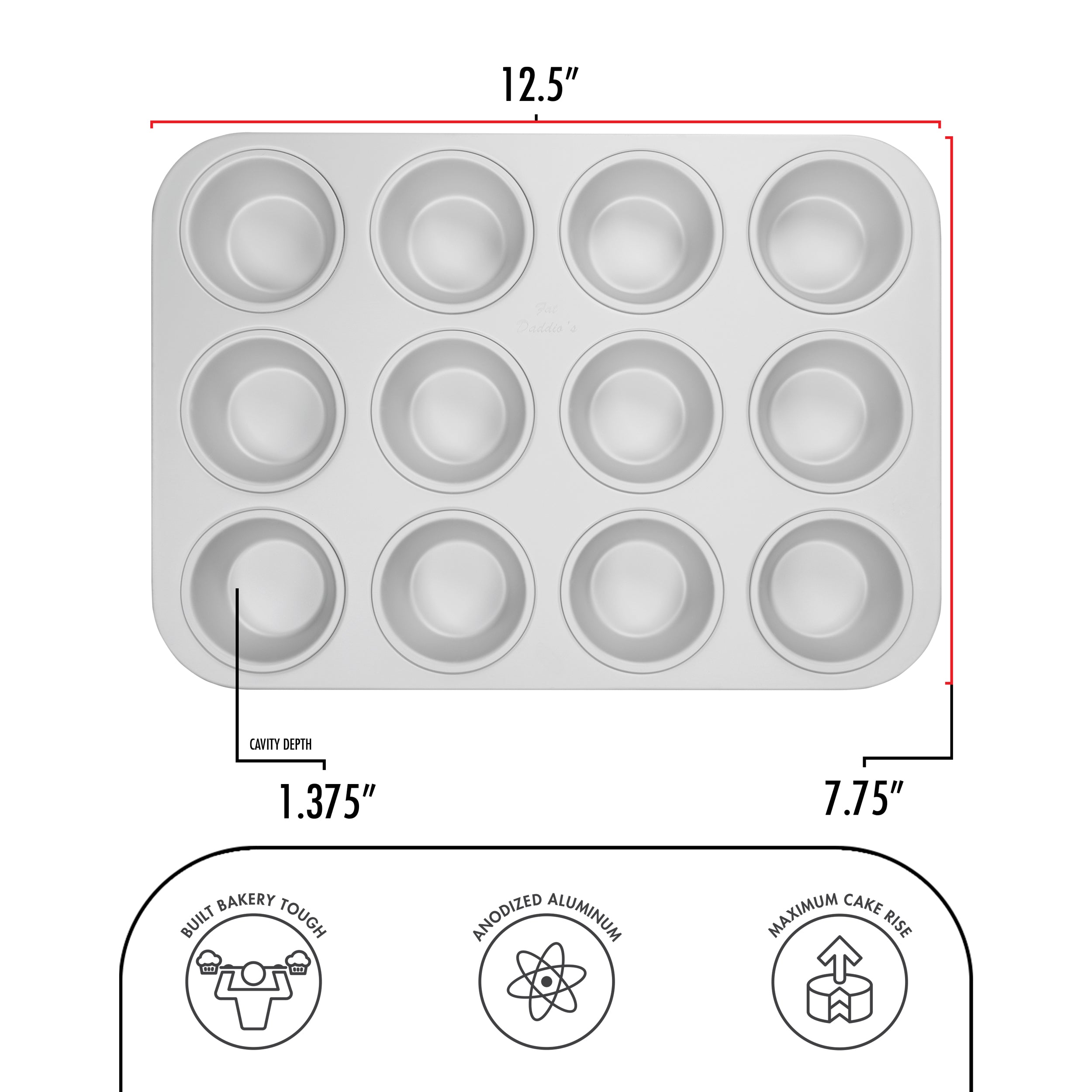 Fat Daddio, Anodized Aluminum, Muffin Pan, 12 Standard 2 7/8 in OD 2 in ID 1 1/4 in Deep (MFN-STD) - Papagino Foods Inc.