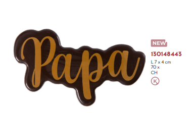 Chocolate decoration plate for Father's Day by Papagino Foods, featuring Papa design, 7x4 cm, set of 70 pieces for special order.