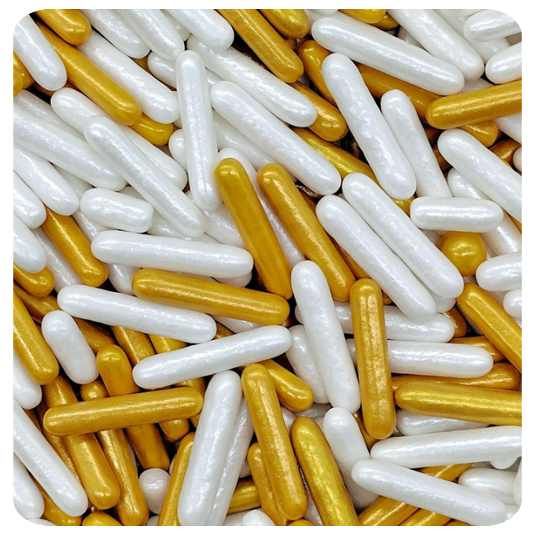 White and Gold Rods 100g (3.5 oz) Sprinkles d'Art - Papagino Foods Inc.