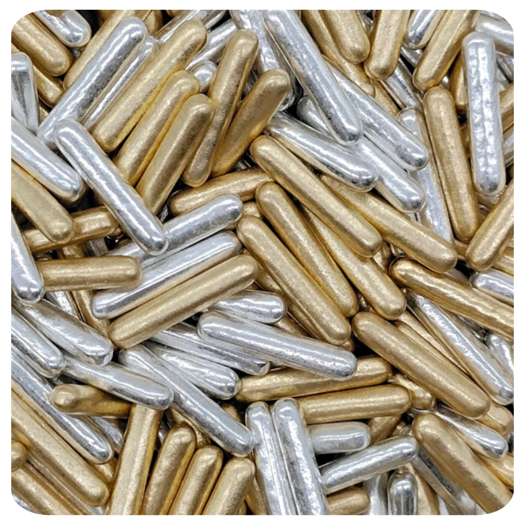 Golden Glam Metallic Rods 100g (3.5 oz) Sprinkles d'Art (Gold and Silver) - Papagino Foods Inc.