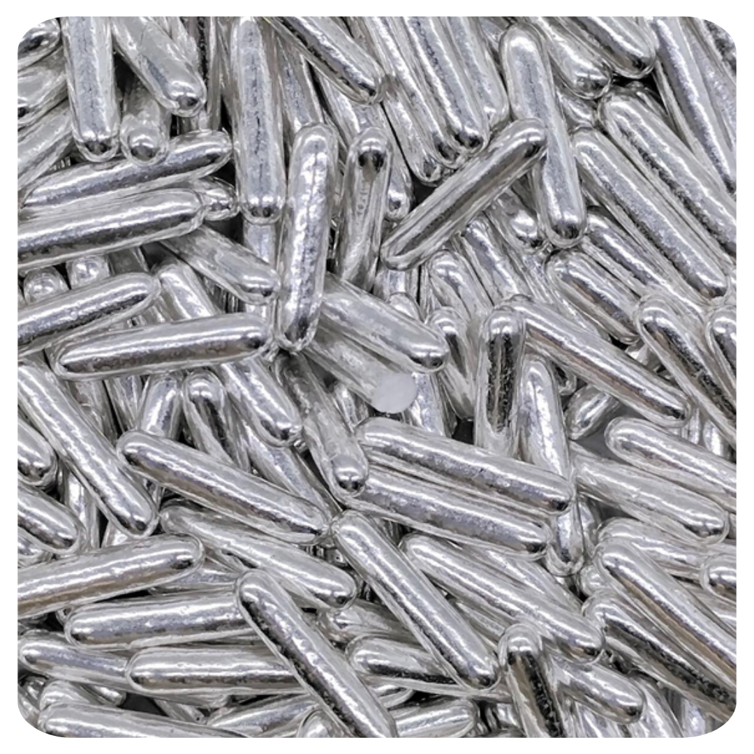 Silver Metallic Rods 100g (3.5 oz) Sprinkles d'Art - Papagino Foods Inc.