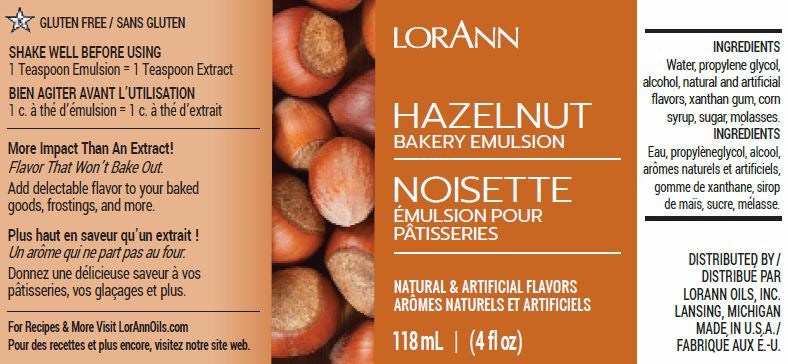 LorAnn Oils Hazelnut, Bakery Emulsion - 4 OZ #0772-0806B - Papagino Foods Inc.