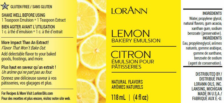 LorAnn Oils Lemon (Natural), Bakery Emulsion - 4 OZ #0758-0806B - Papagino Foods Inc.