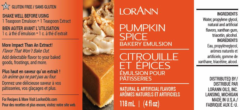 LorAnn Oils Pumpkin Spice, Bakery Emulsion - 4 OZ #0789-0806B - Papagino Foods Inc.