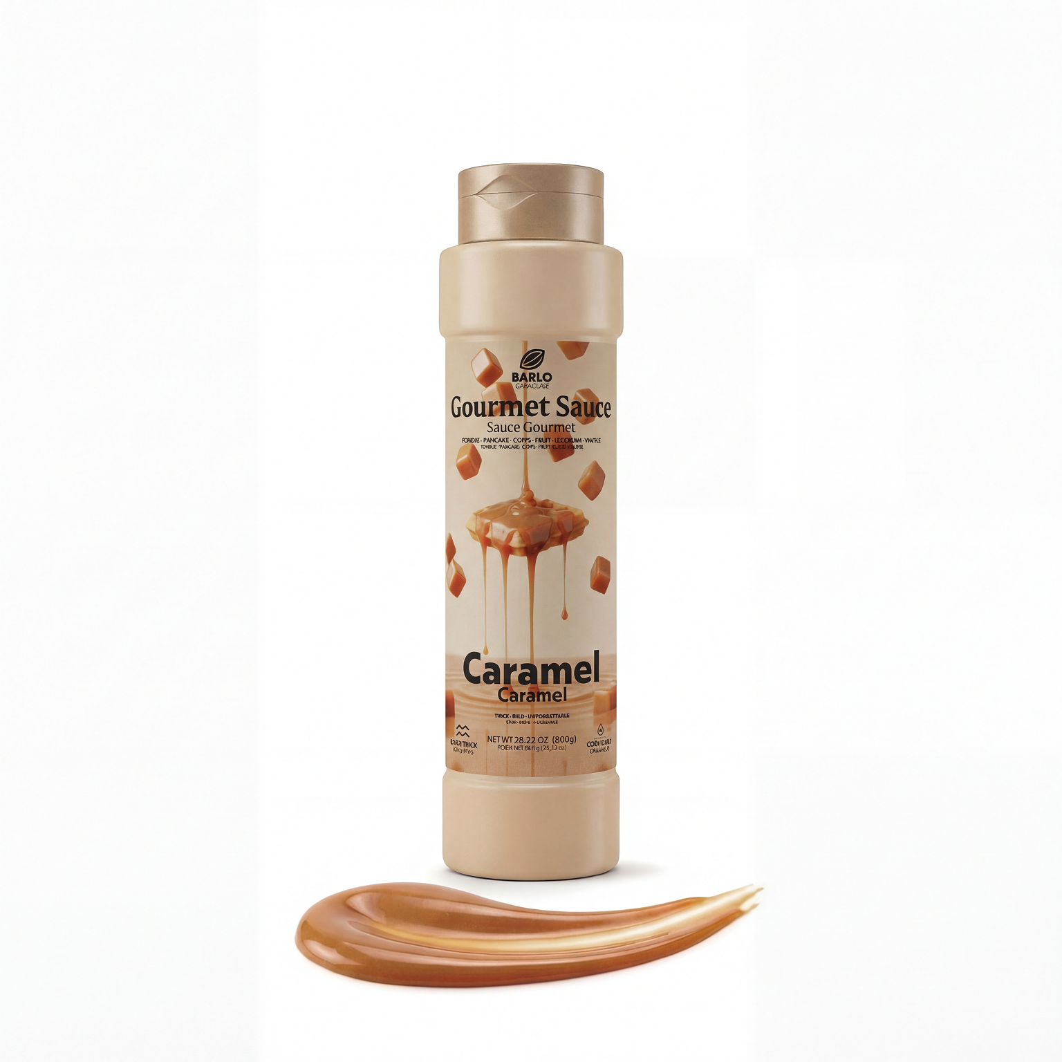 Barlo Caramel Gourmet Sauce by Papagino Foods Inc. in an 800g jar, showing smooth caramel sauce with rich, golden-brown color.