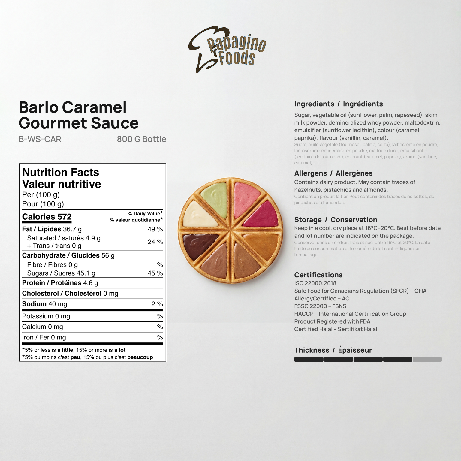 Barlo Caramel Gourmet Sauce in 800 grams bottle by Papagino Foods Inc., golden caramel sauce with rich, smooth texture.