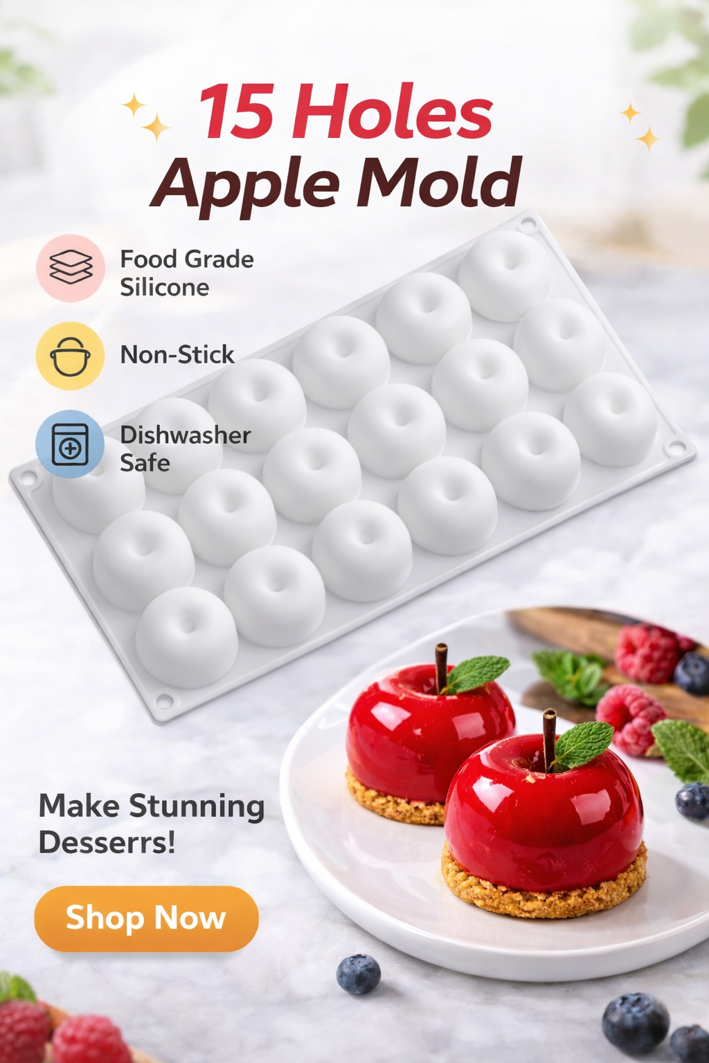Apple mold with 15 cavities by Papagino Foods Inc., showing a detailed silicone baking mold for making shaped apple treats.