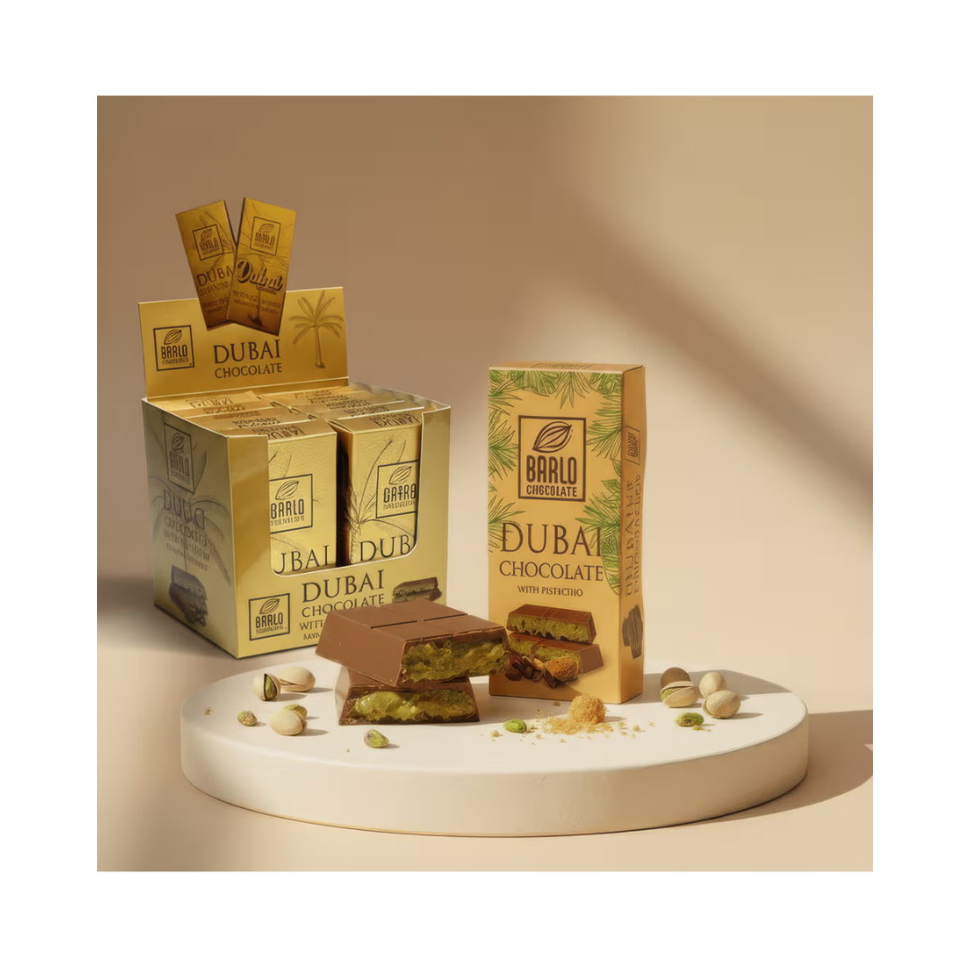 Barlo Dubai chocolate with pistachio, 10 bars of 100g each, by Papagino Foods Inc., showing chocolate bars with pistachio toppings