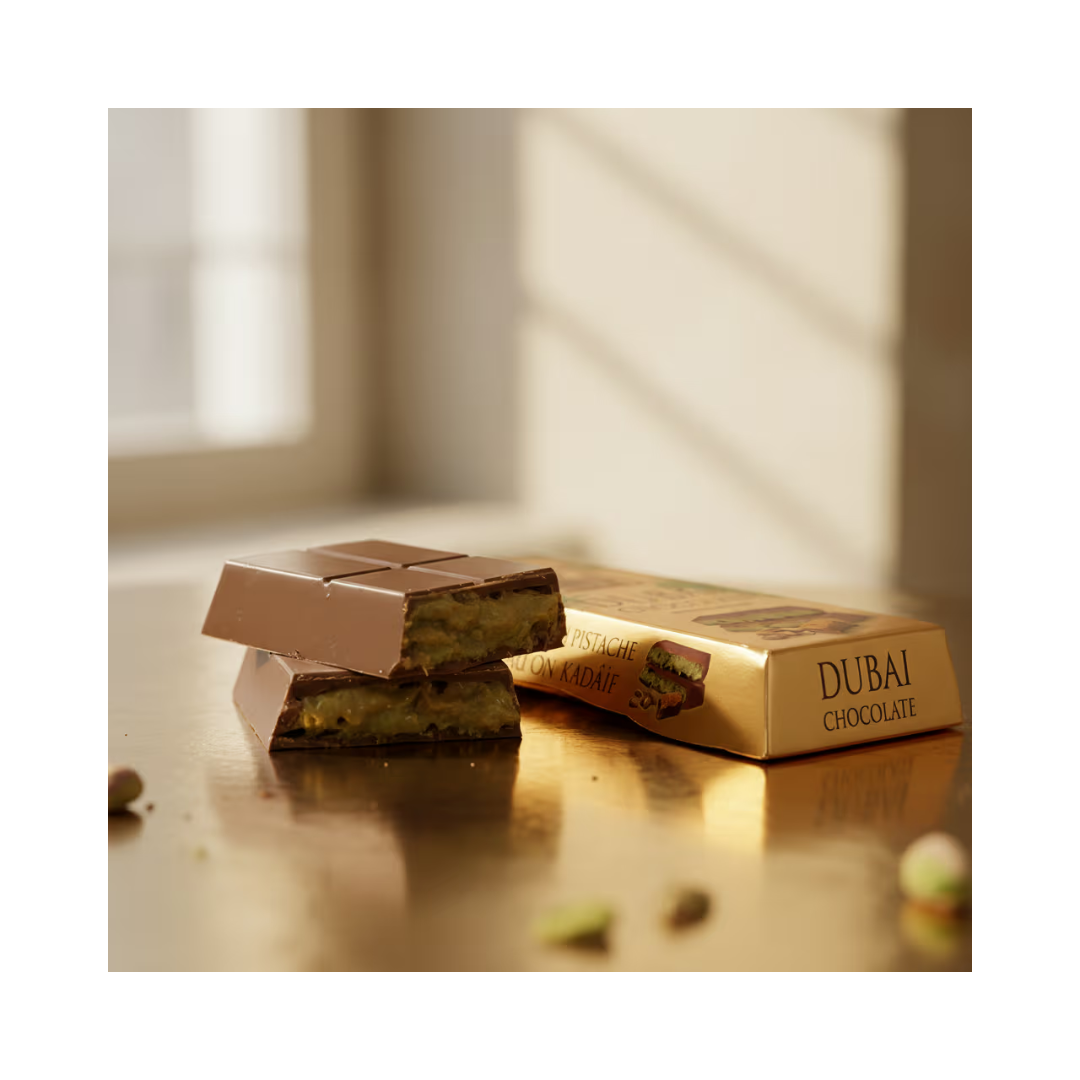 Barlo Dubai chocolate bars with pistachio from Papagino Foods, showing 10 individually wrapped 100g bars in a box.