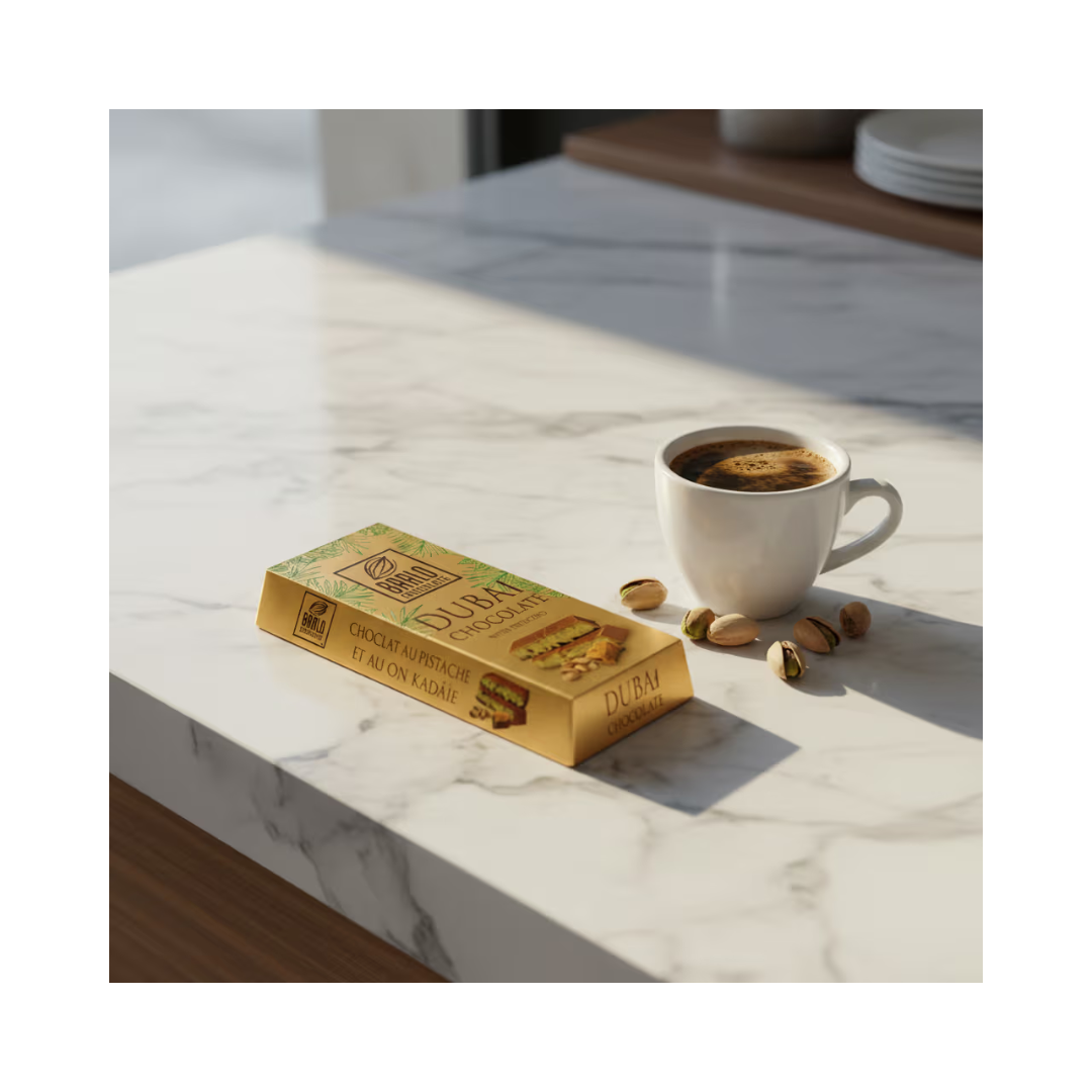 Barlo Dubai chocolate bars with pistachios by Papagino Foods Inc., 10-pack of 100g bars, showcasing the chocolate and pistachio pieces.