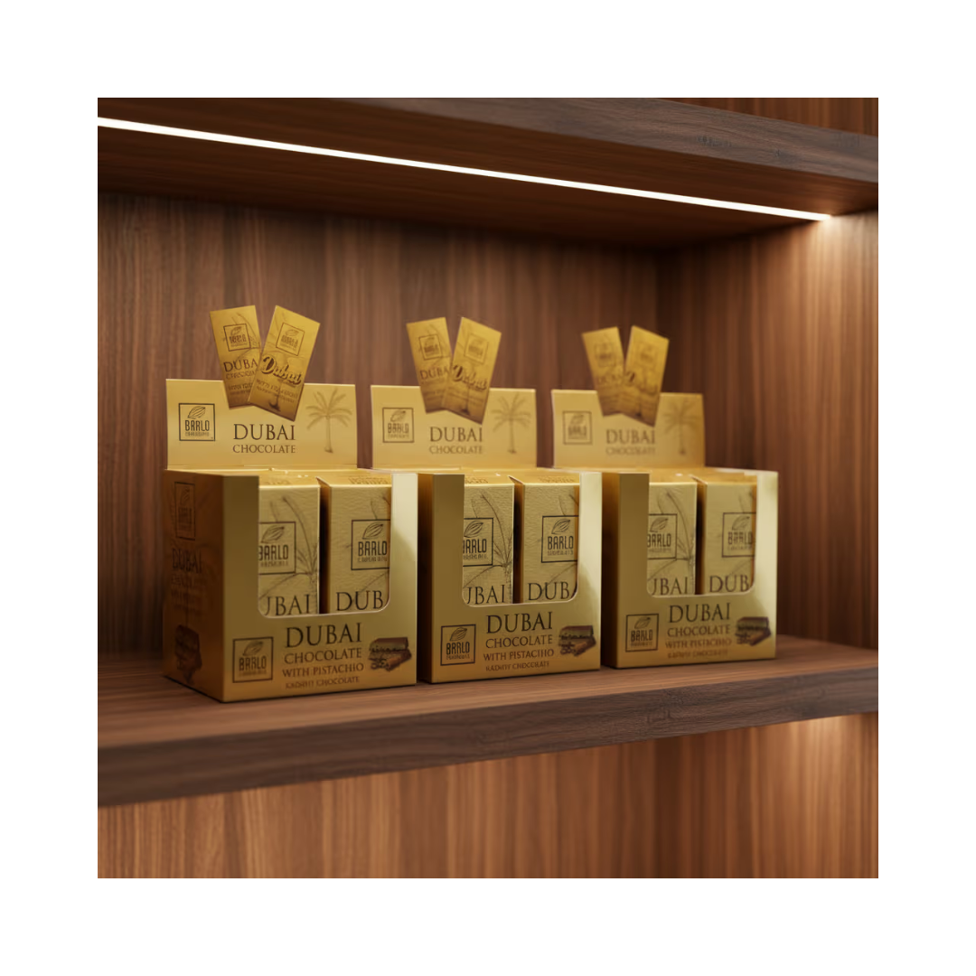 Barlo Dubai chocolate with pistachio, 10 bars of 100g each, from Papagino Foods Inc., featuring chocolate and pistachio pieces.