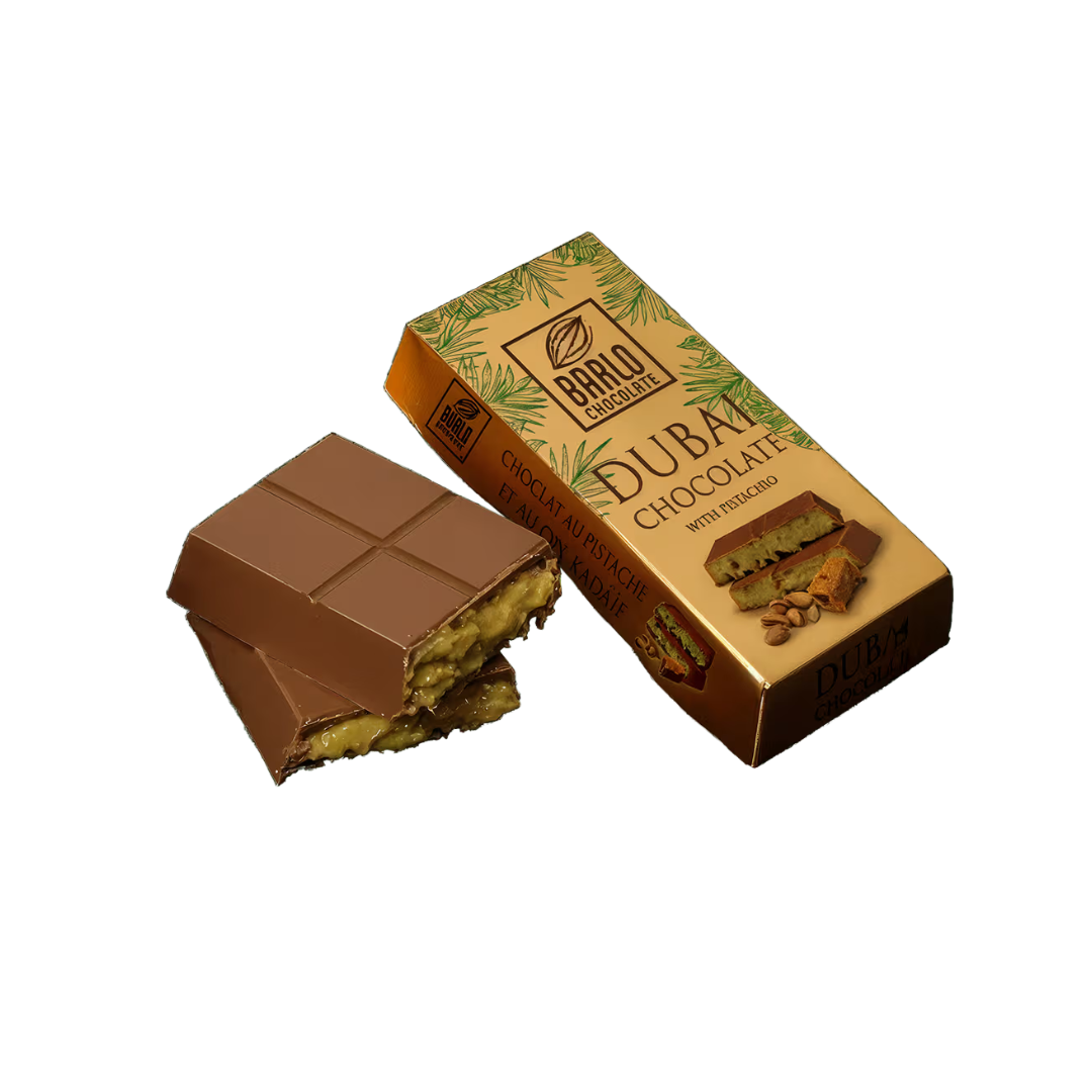 Barlo Dubai Chocolate with Pistachio by Papagino Foods Inc., 10 bars of 100g each, showcasing chocolate and pistachio pieces.