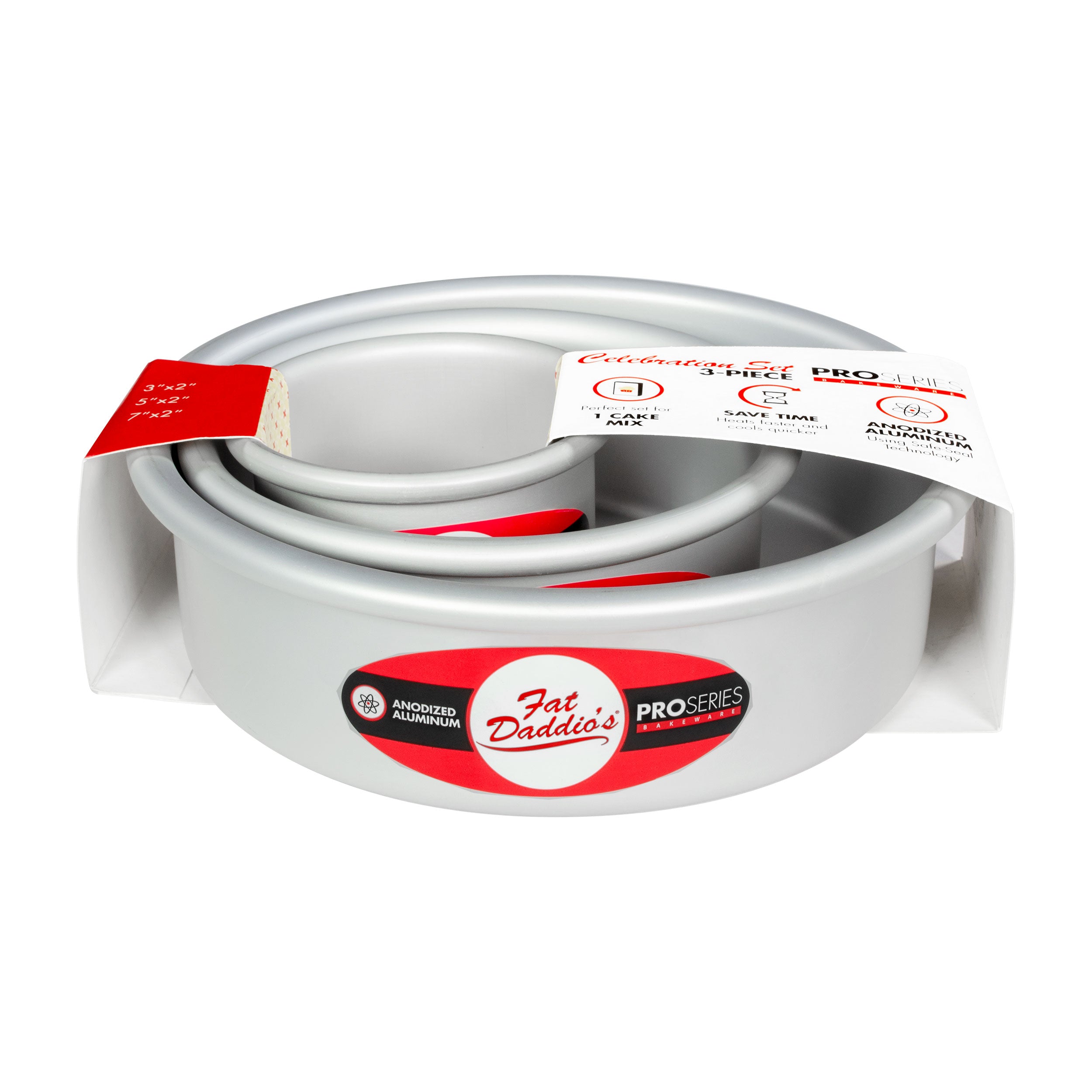 Fat Daddio, Anodized Aluminum, 3 Pieces Round Pan Set: 3", 5" and 7" x 2 in (PRD-1BOX) - Papagino Foods Inc.