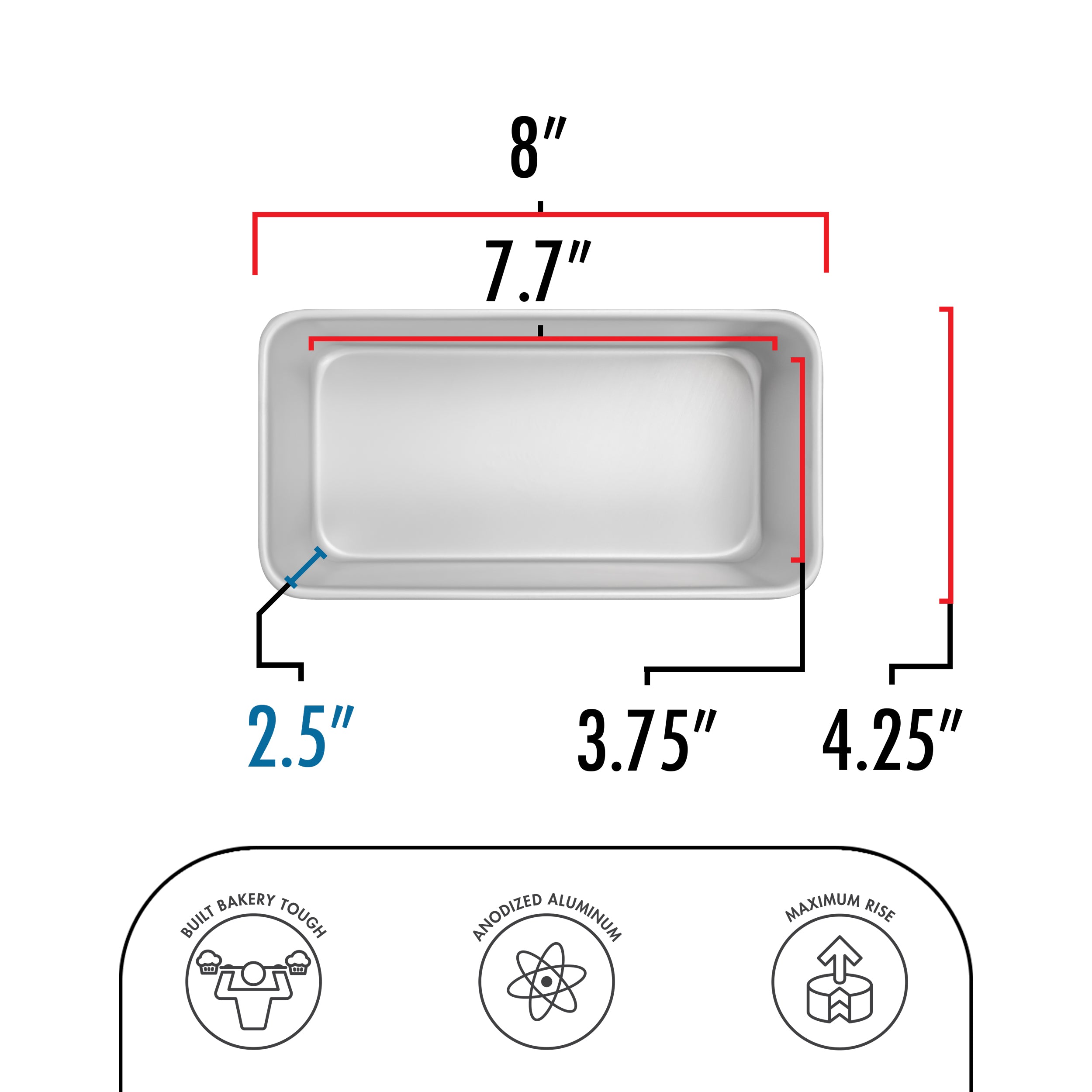 Fat Daddio Anodized Aluminum, Bread Pan Oblong, 7 3/4 in x 3 3/4 in x2 3/4 in (BP-5642) - Papagino Foods Inc.