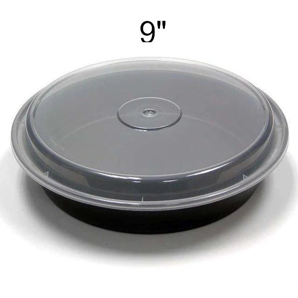 Maple Leaf 9" Black Round Container with Lid - 150 pcs - Papagino Foods Inc.