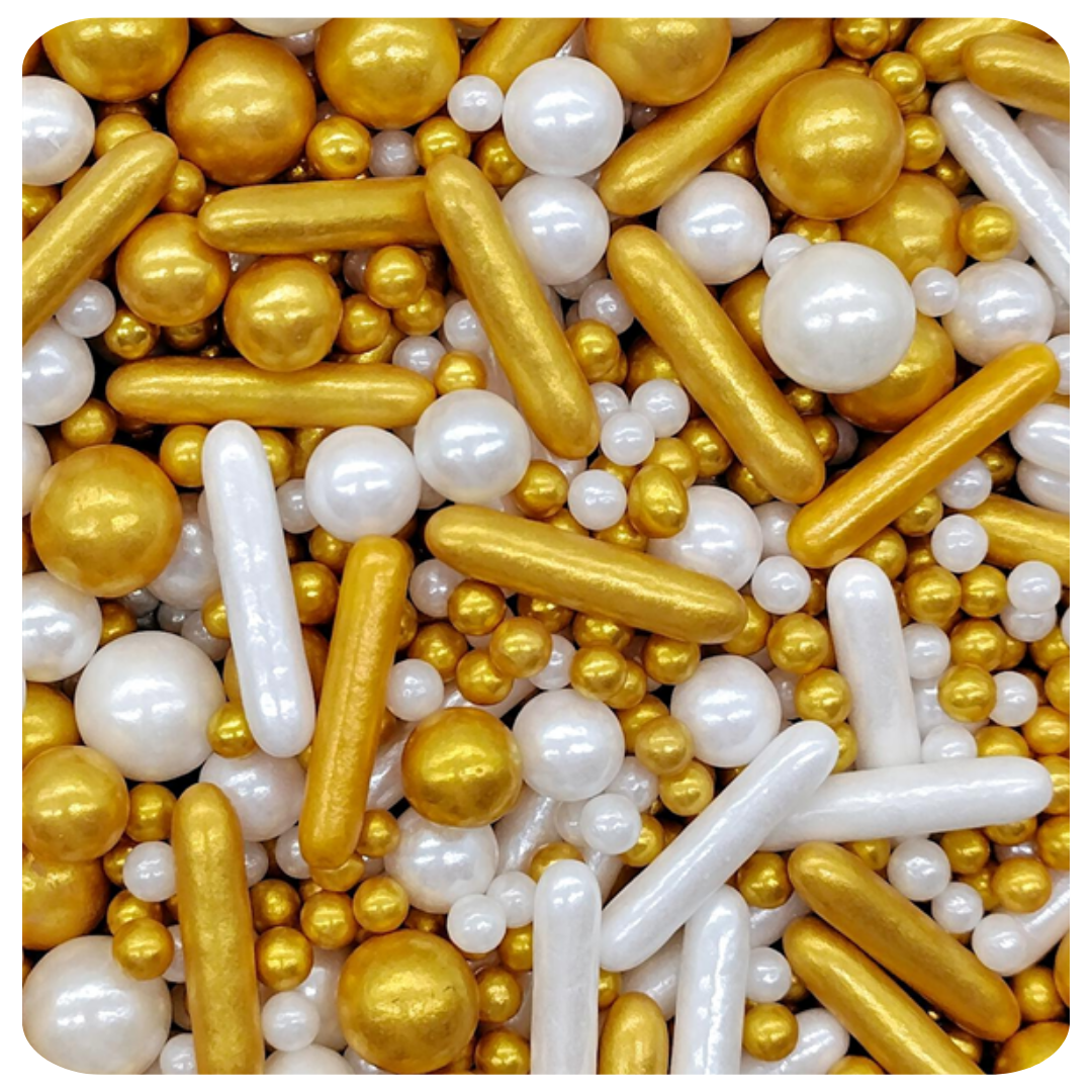 White & Gold Bliss Sprinkles 100g (3.5 oz) Sprinkles d'Art - Papagino Foods Inc.