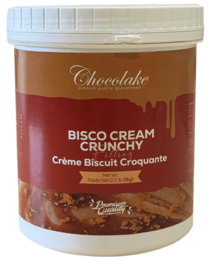 Papagino Foods Inc. Bisco Cream Crunchy Filling 1 Kg, creamy and crunchy filling in a clear container, ready for shipping.