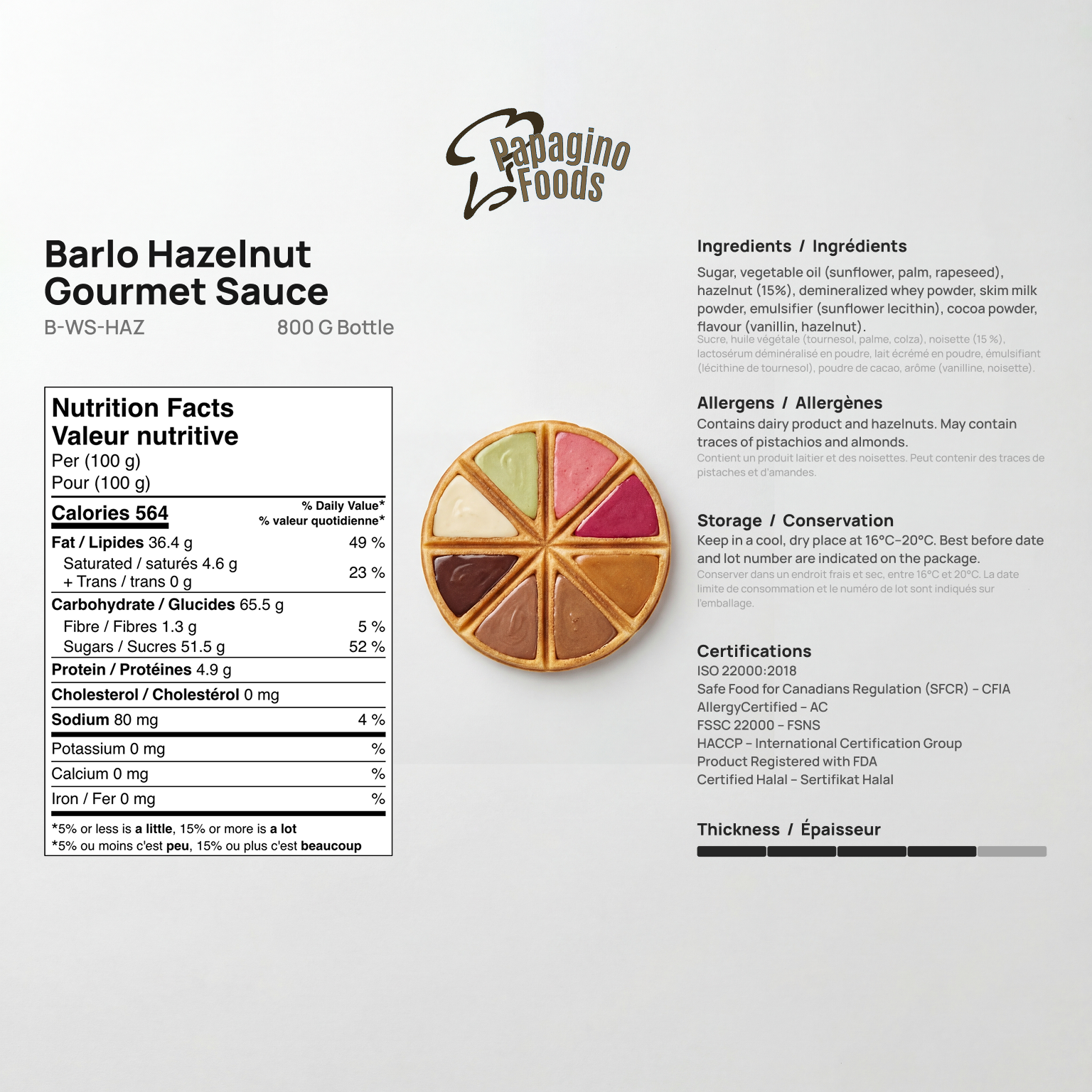 Papagino Foods Inc. Barlo Hazelnut Gourmet Sauce 800g jar, smooth hazelnut spread with rich flavor, ready for culinary use.