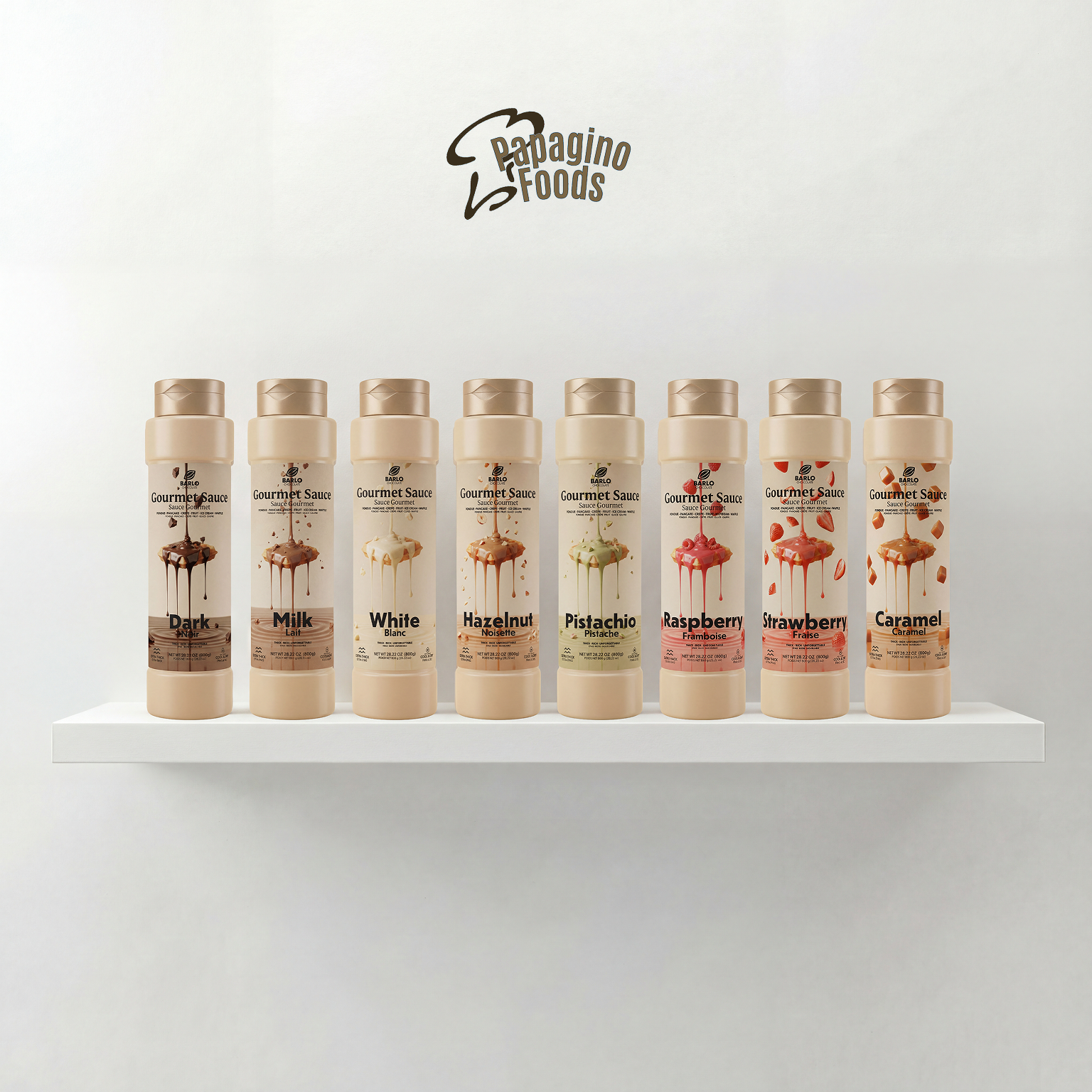 Barlo Hazelnut Gourmet Sauce in 800g jar by Papagino Foods Inc., creamy hazelnut sauce with a smooth texture.