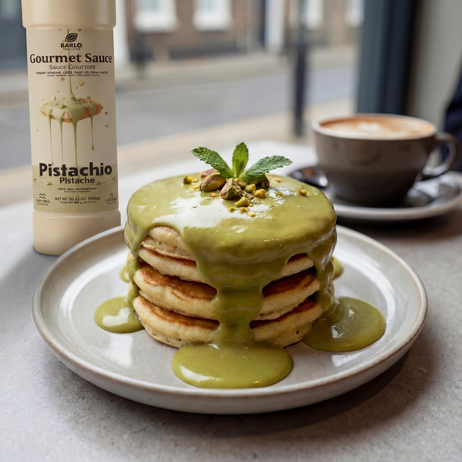 Barlo Pistachio Premium Gourmet Sauce by Papagino Foods Inc., 800g jar with pistachio nuts and smooth sauce texture.