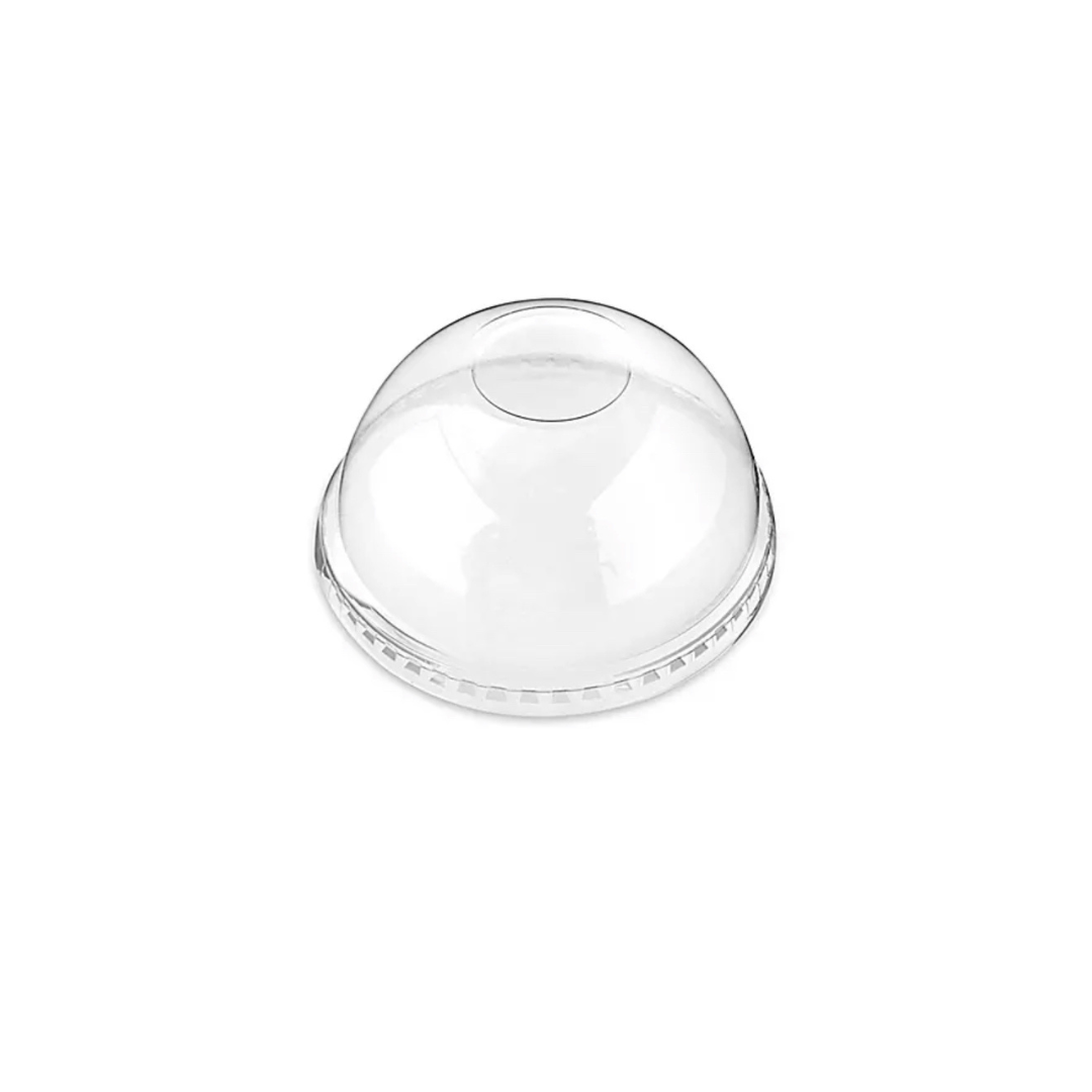 Clear plastic dome lid for dessert cups by Papagino Foods Inc., no hole, fits Arrow dessert cups, transparent and durable.