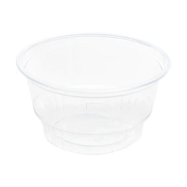Clear plastic dessert cups by Papagino Foods Inc., 6 oz capacity, perfect for serving desserts or parfaits, stackable and disposable.