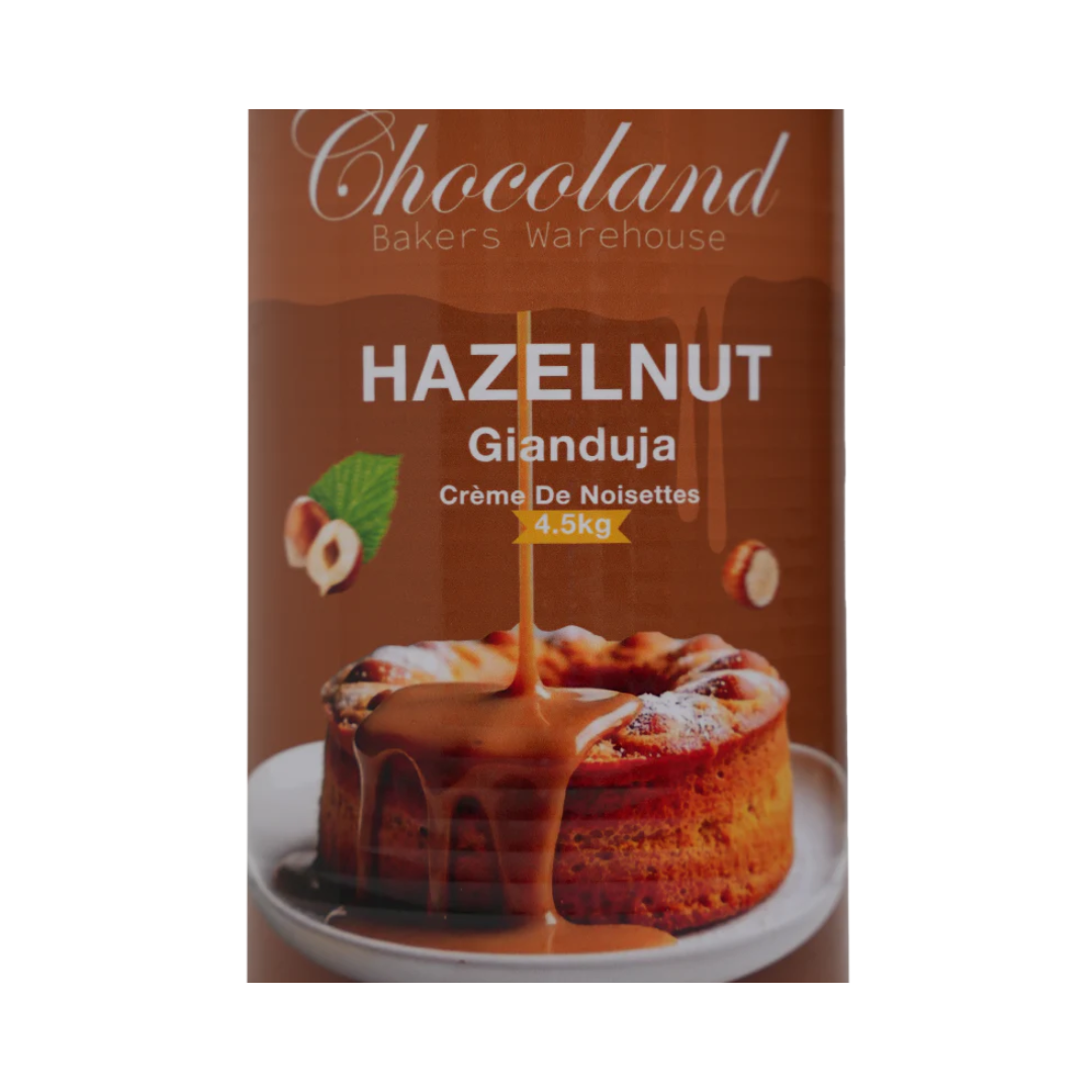 Gianduja hazelnut spread in a 4.5 kg tin by Papagino Foods Inc., showing the smooth, creamy spread in the container.
