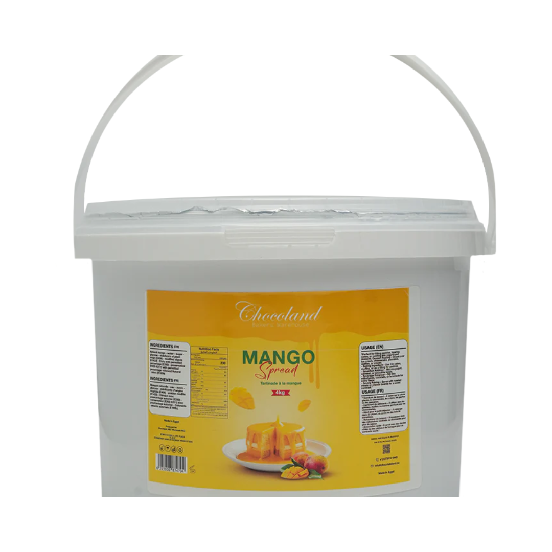 Creamy mango spread by Papagino Foods Inc. in a 4 kg container, ideal for spreading on bread or desserts.