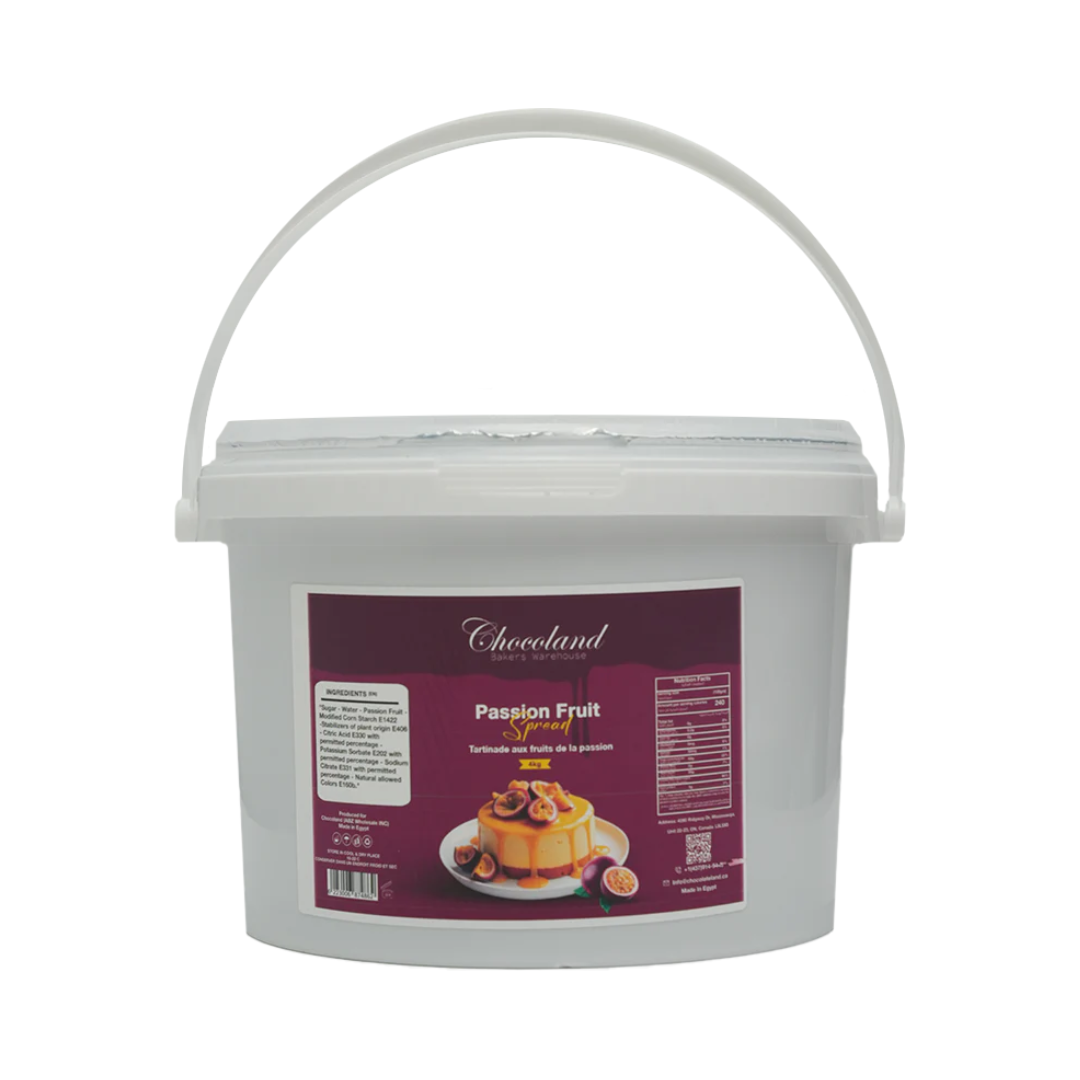 Passion fruit spread by Papagino Foods Inc., 4 kg jar with 30% passion fruit, shown in a clear glass jar on a white background.
