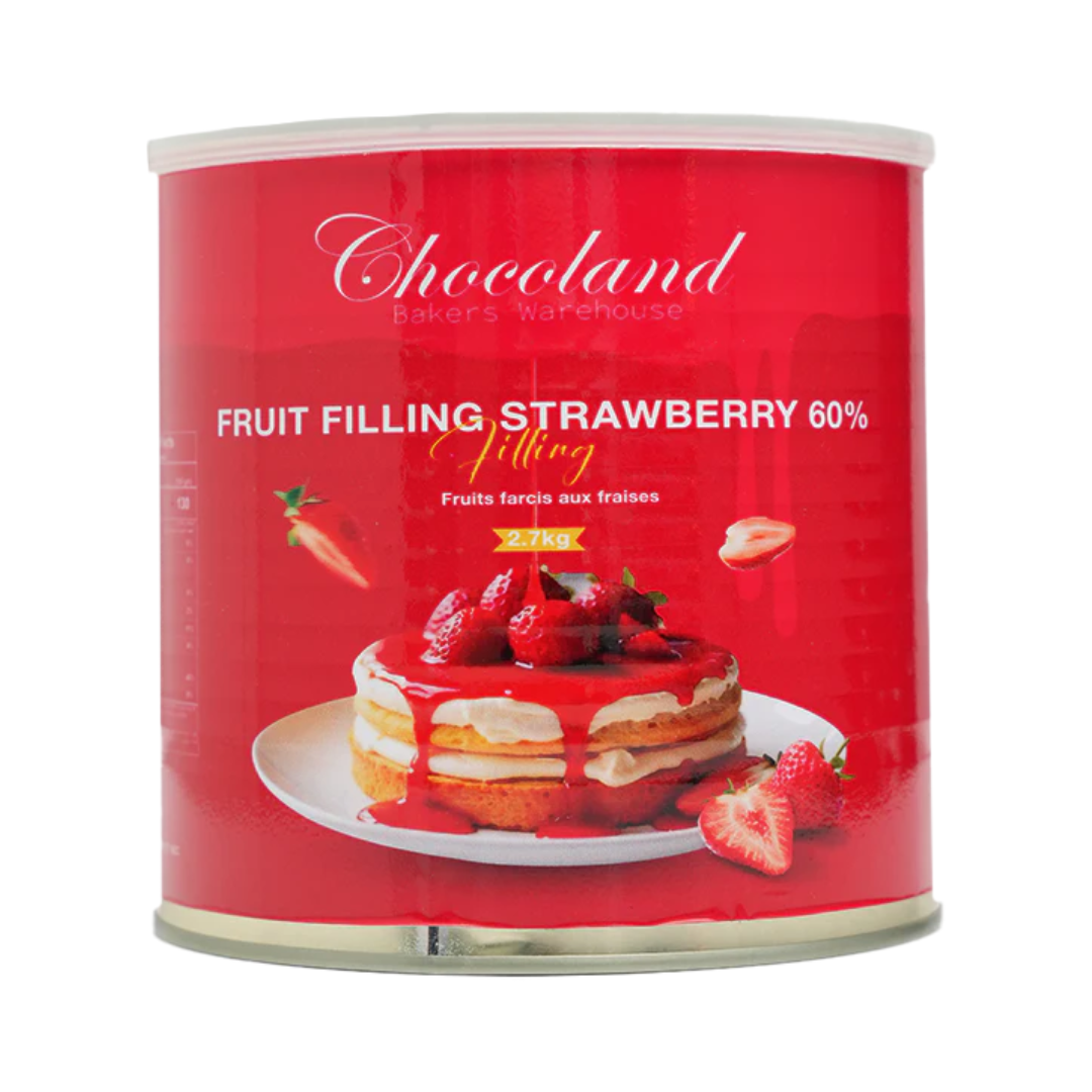 Papagino Foods Inc. strawberry fruit filling spread in a 2.7 kg container, showcasing fresh strawberry chunks and vibrant red color.