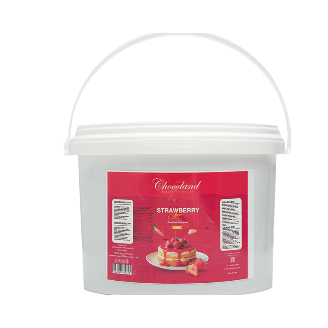 Large jar of Papagino Foods Inc. strawberry jam spread, 4.8 kg, with a label showing fresh strawberries and product details.