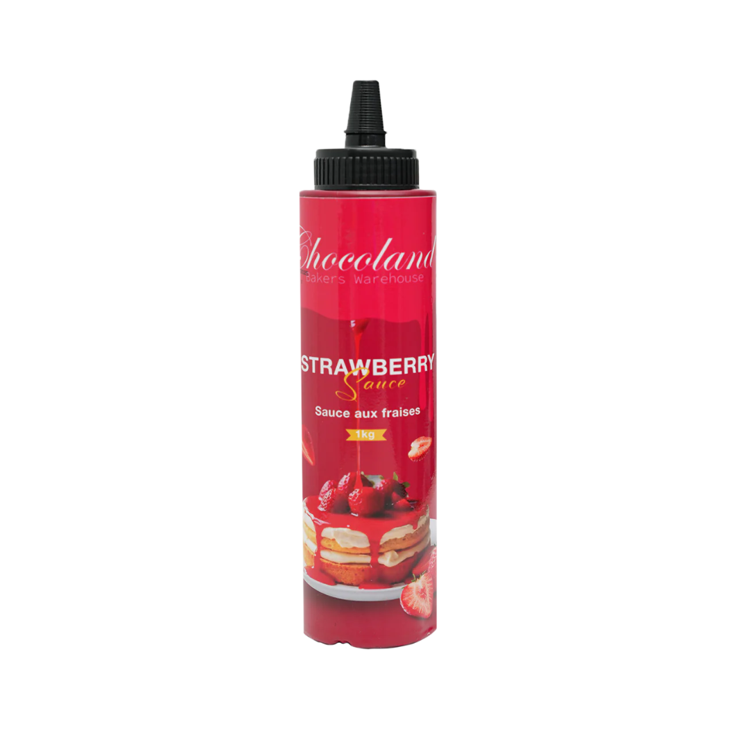 Papagino Foods Inc. strawberry sauce in a 1-liter bottle, smooth, vibrant red fruit sauce suitable for desserts and toppings.
