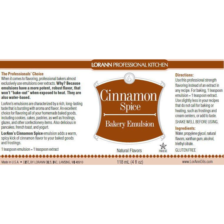 LorAnn Oils Cinnamon Spice, Bakery Emulsion - 4 OZ #0738-0806 - Papagino Foods Inc.
