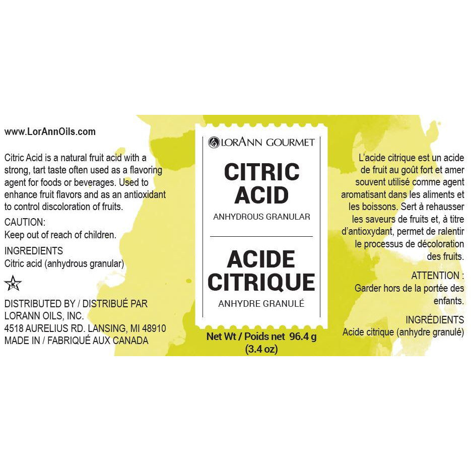 LorAnn Oils Citric Acid (Anhydrous Granular) - 3.4 oz. jar - Papagino Foods Inc.