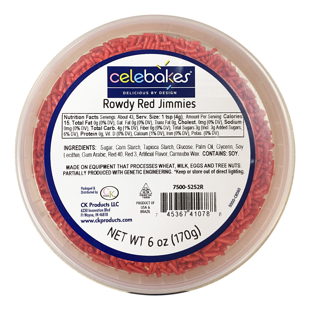 Celebakes Rowdy Red Jimmies, 6 oz. Product #7500-5252R - Papagino Foods Inc.