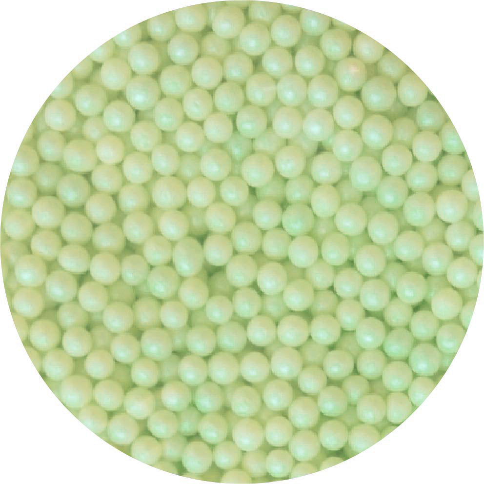 Pearlized Green Sugar Pearls 3-4mm, 16 oz. Product #7500-78366G - Papagino Foods Inc.