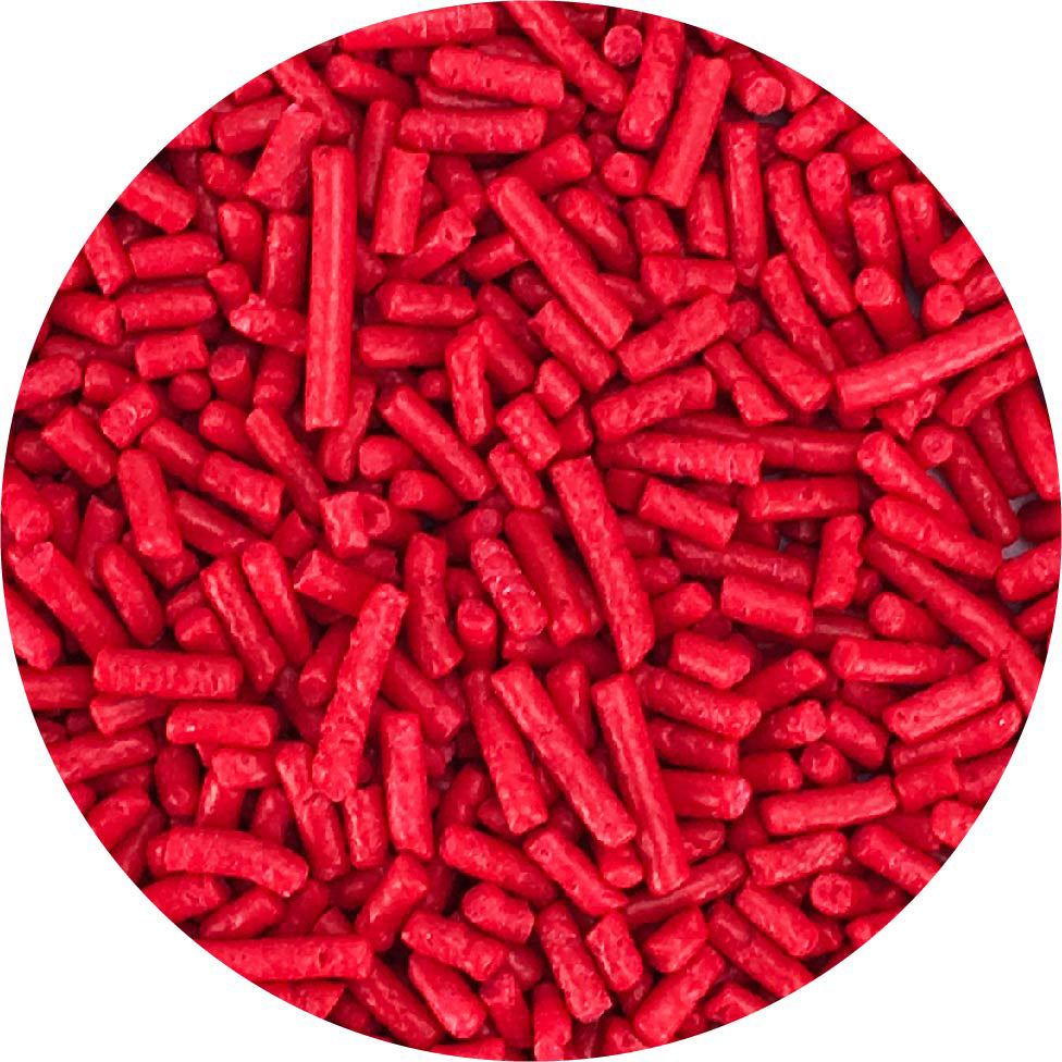 Celebakes Rowdy Red Jimmies, 6 oz. Product #7500-5252R - Papagino Foods Inc.