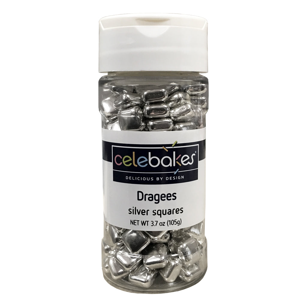 Celebakes Silver Square Dragees, 3.7 oz. Product #7500-785812S - Papagino Foods Inc.