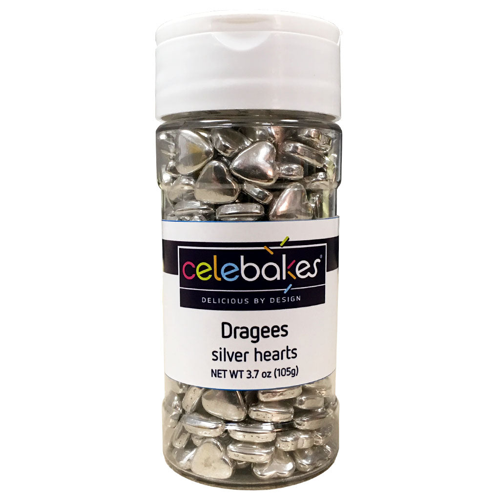 Celebakes Silver Heart Dragees, 3.7 oz. Product #7500-785813S - Papagino Foods Inc.