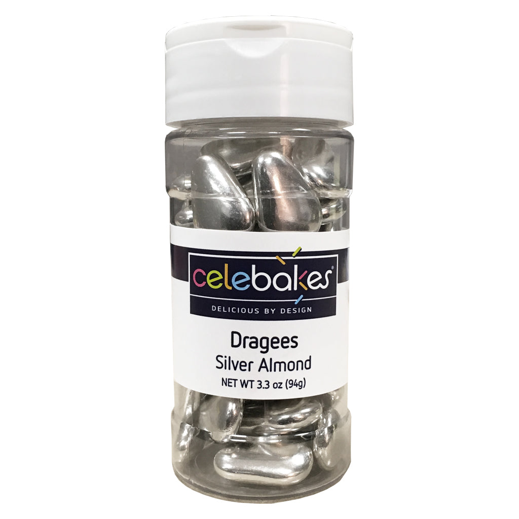 Celebakes Silver Almond Shape Dragees, 3.5 oz. Product #7500-785817S - Papagino Foods Inc.