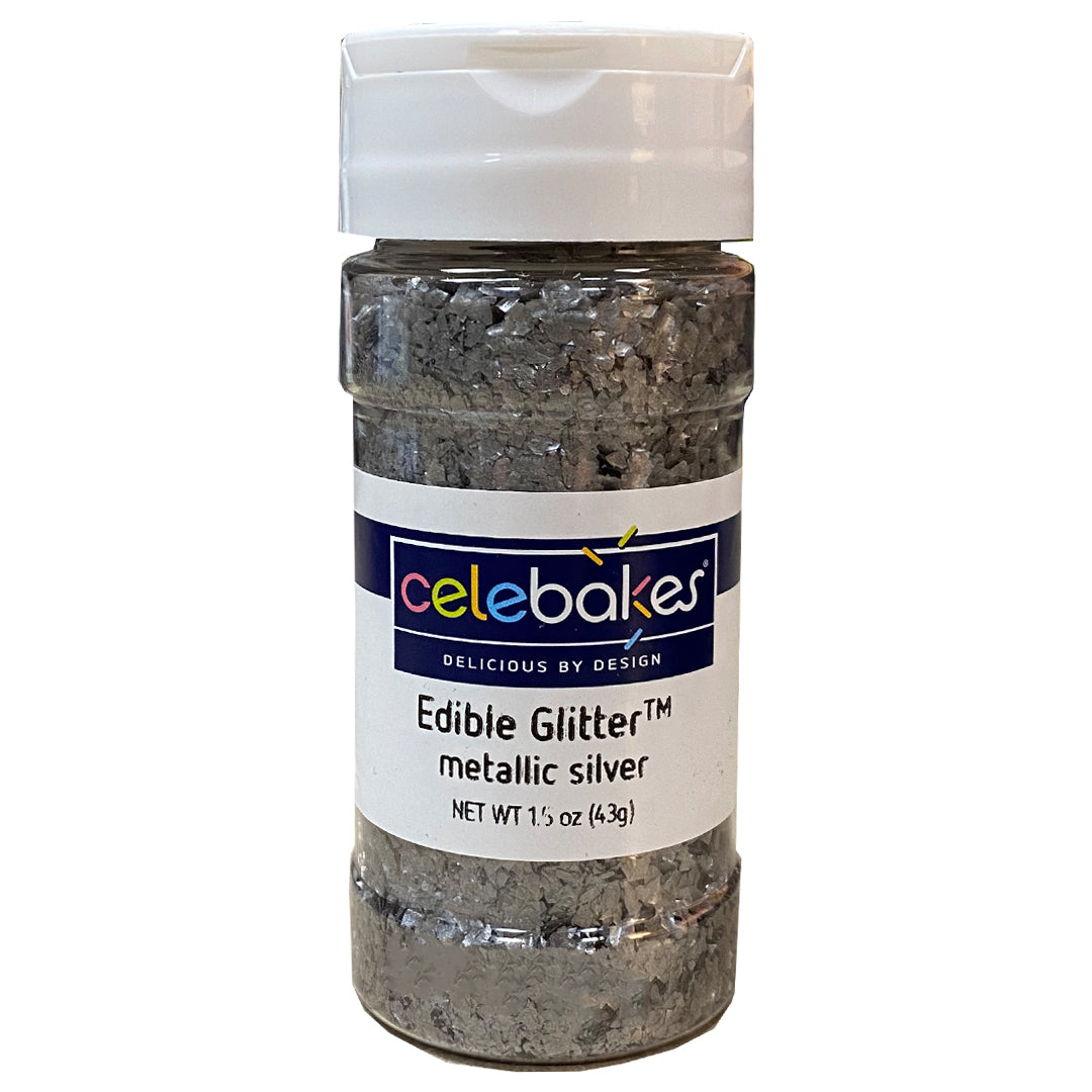 Celebakes Metallic Silver Edible Glitter 1.5 oz. Product #7500-78622S - Papagino Foods Inc.