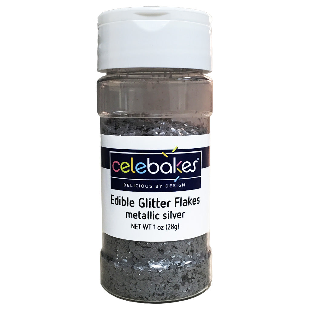 Celebakes Metallic Silver Edible Glitter Flakes, 1 oz ( 7500-786918 ) - Papagino Foods Inc.