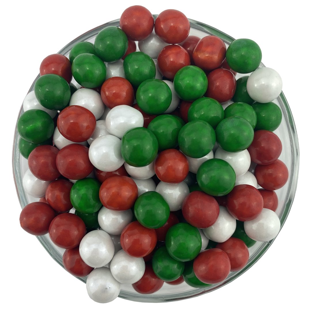 SUGAR PEARLS SIXLETS - Red White Green Mix 10MM 4 oz - Papagino Foods Inc.
