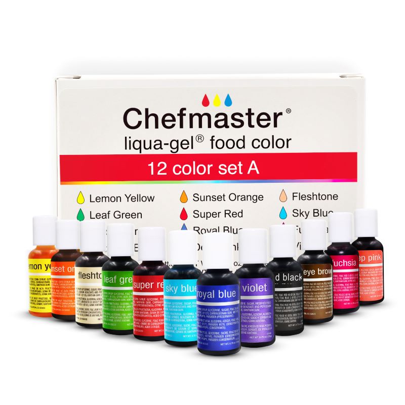 Chefmaster LIQUA-GEL® 12 Color Kit Food Coloring (# 13436) 0.70 OZ (20 ml) (SET A) - Papagino Foods Inc.
