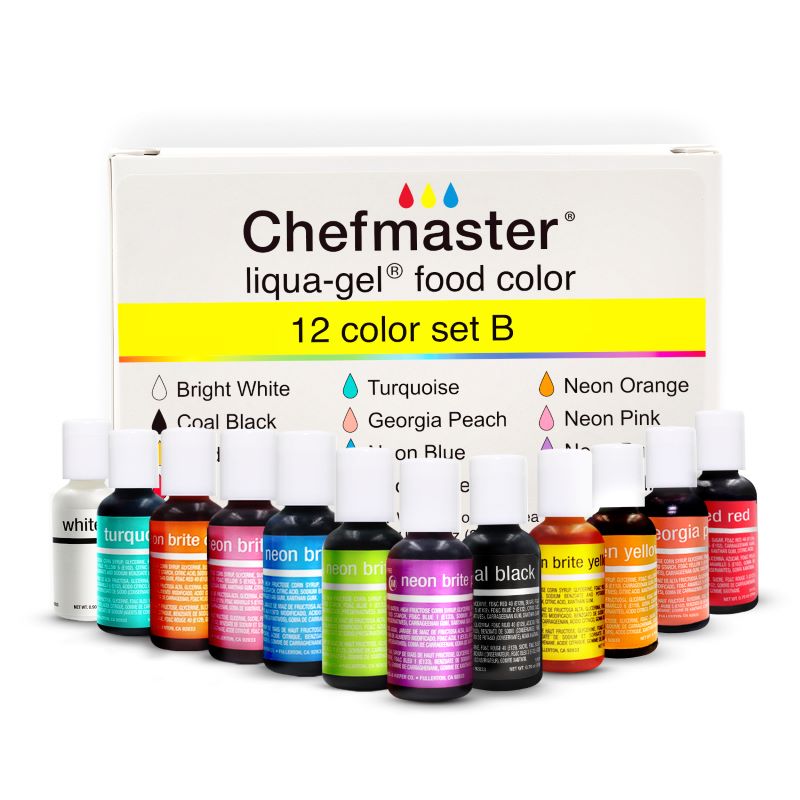 Chefmaster LIQUA-GEL® 12 Color Kit Food Coloring (# 13437) 0.70 OZ (20 ml) (SET B ) - Papagino Foods Inc.