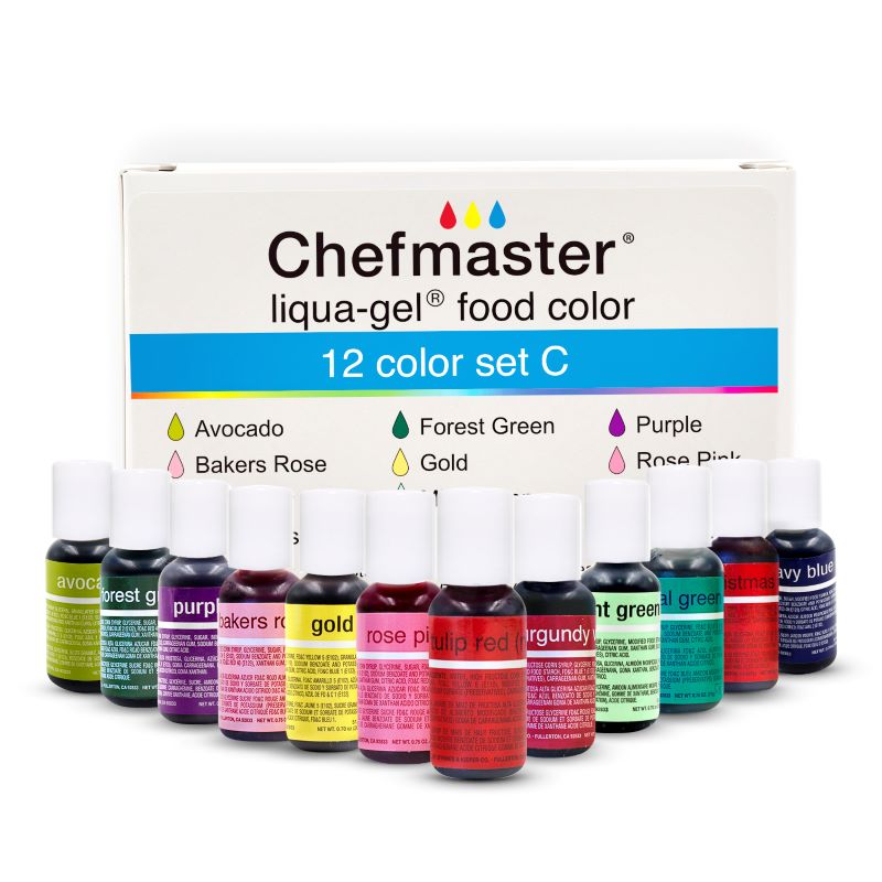 Chefmaster LIQUA-GEL® 12 Color Kit Food Coloring (# 13438) 0.70 OZ (20 ml) (SET C ) - Papagino Foods Inc.