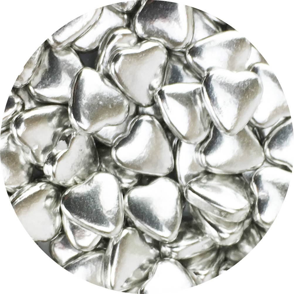 Celebakes Silver Heart Dragees, 3.7 oz. Product #7500-785813S - Papagino Foods Inc.